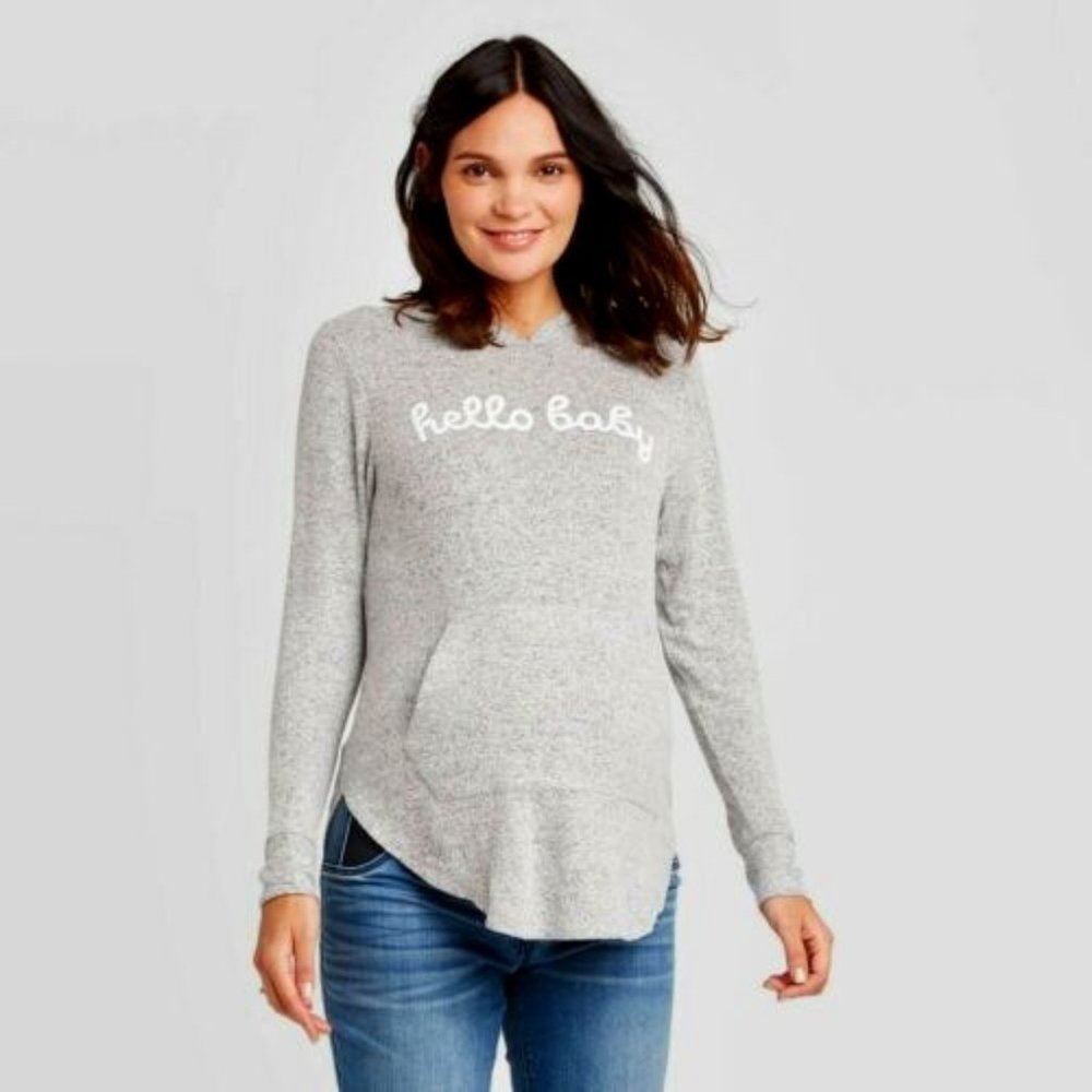 Maternity Cozy Hooded Hello Baby Sweatshirt-M